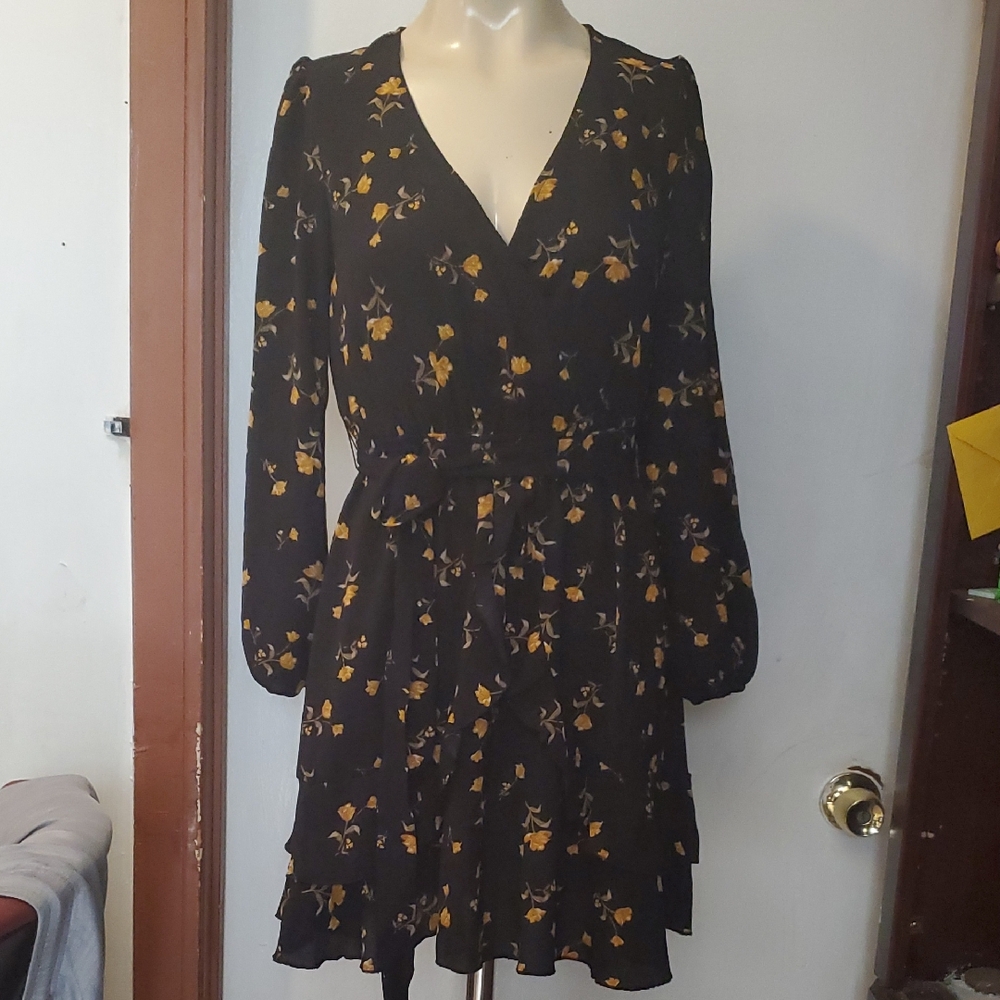 Inspired Hearts Black and Gold Long Sleeve  Wrap Dress with V-Neck Size S